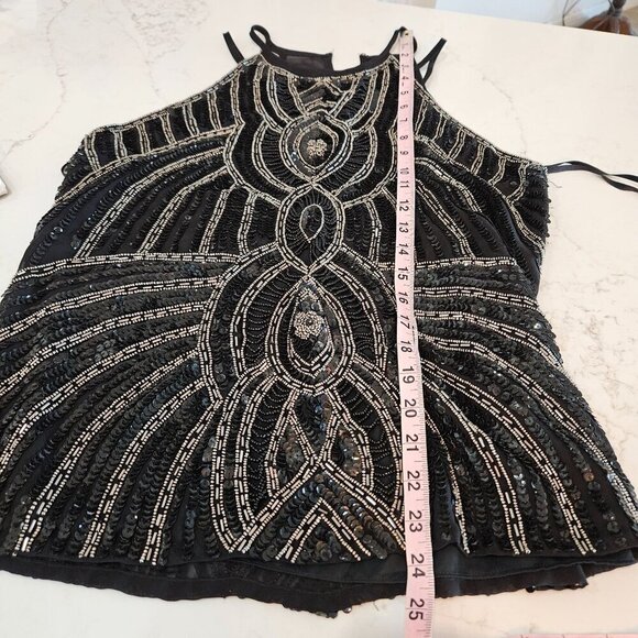 Parker Zane Fully Beaded Black Gold Sequin Silk Halter Tank Top Large - Picture 11 of 14